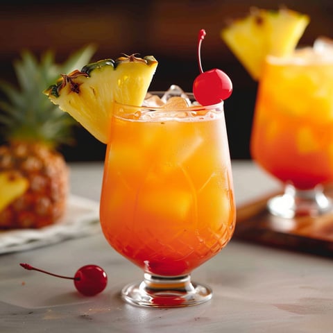 A glass of Virgin Island Breeze is garnished with a pineapple wedge and cherry.