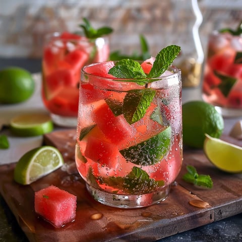 A glass of watermelon lime mint mocktail is served on a wooden cutting board.