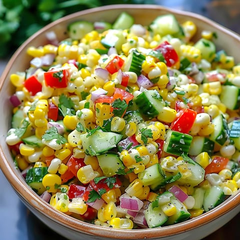 A bowl of corn salad with various vegetables, including cucumbers, onions, and tomatoes.
