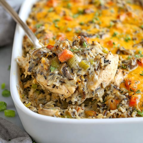 A white bowl filled with a delicious Chicken Wild Rice Casserole.