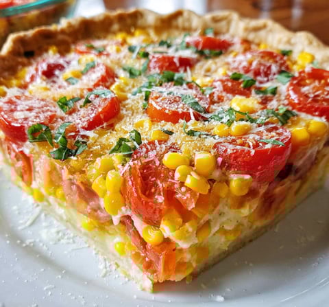 A slice of Tomato and Corn Pie on a white plate.