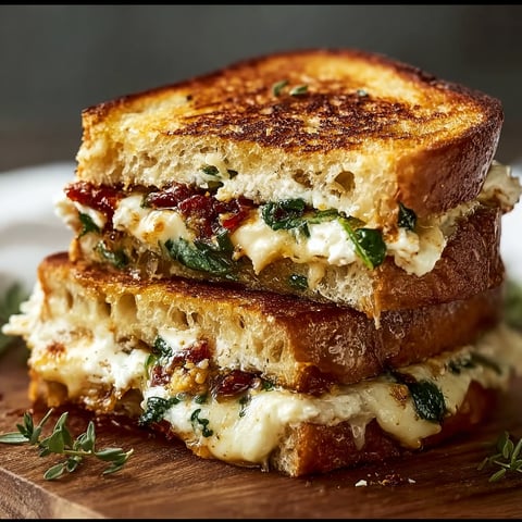A close-up of a delicious Mediterranean Grilled Cheese Sandwich.