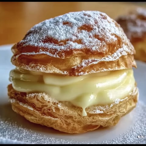 A delicious dessert, Special Italian Cream Puffs with Custard Filling, is presented on a plate.