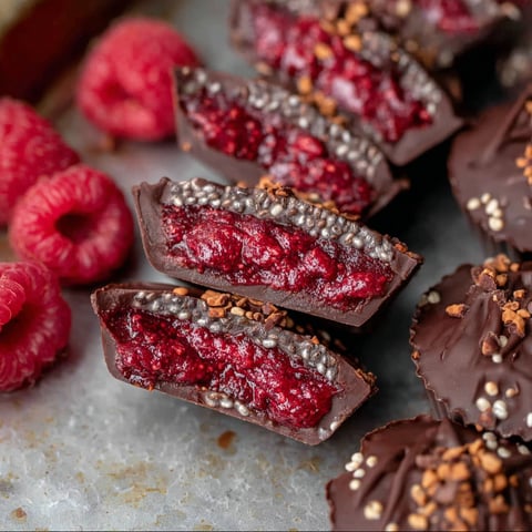 A close up of a Raspberry Jam Chocolate Bite with a raspberry on the side.