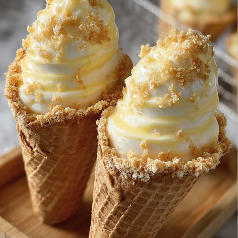 Two scoops of Banana Pudding Cheesecake Cones on a wooden tray.