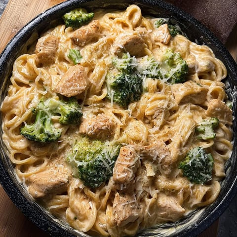 A bowl of creamy broccoli chicken pasta with cheese on top.