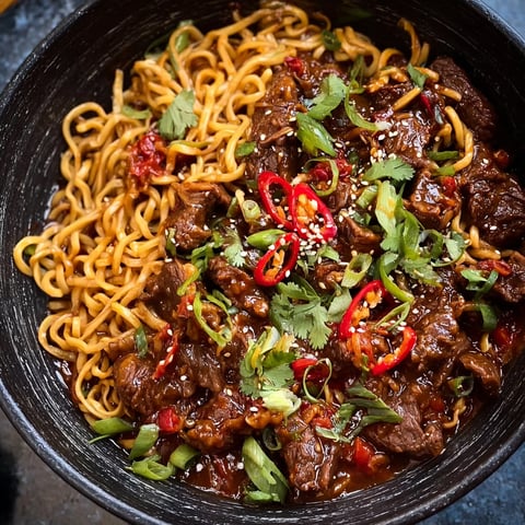 A bowl of Slow-cooker Sticky Chilli Beef Noodles, featuring a delicious combination of beef, noodles, and spicy peppers.