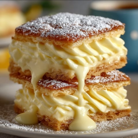 A plate holding a triple stack of custard cream squares.