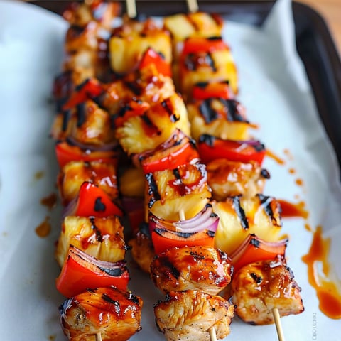 A delicious BBQ Pineapple Chicken Kabob is ready to be cooked.