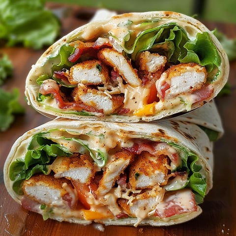 A Crispy Chicken Bacon Ranch Wrap is displayed on a wooden table.