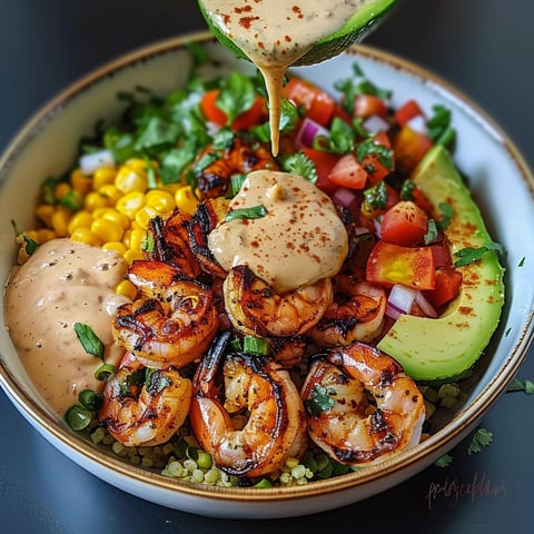 A bowl of shrimp, corn salsa, avocado, and creamy sauce.