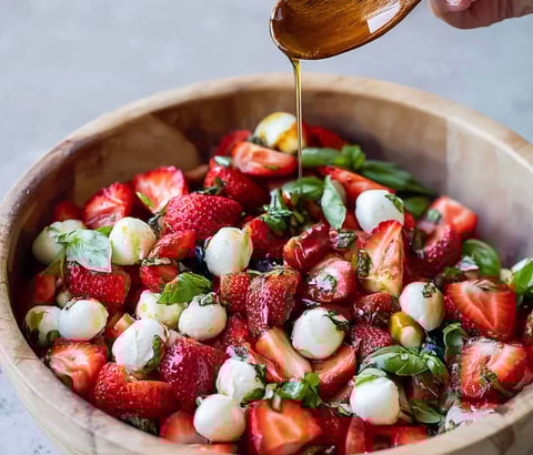 A bowl of fresh strawberries and cheese with a drizzle of olive oil.