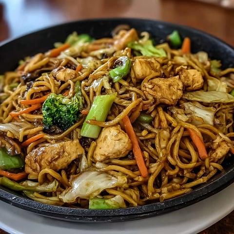 A delicious Garlic Chicken Lo Mein Stir Fry is served in a bowl.