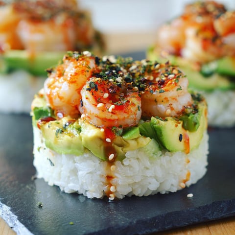 A close-up of a Spicy Shrimp Sushi Stacks, with rice, shrimp, and avocado.