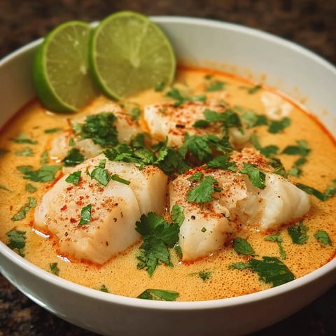 A bowl of Coconut Lime Fish Soup with a lime wedge on top.