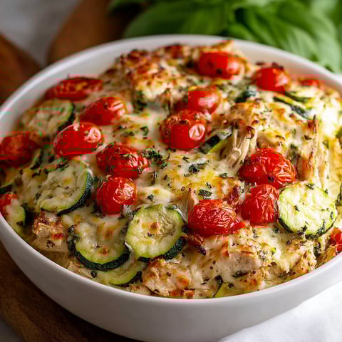 A delicious Chicken Zucchini Bake recipe is displayed in a white bowl.