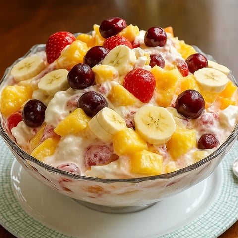 A bowl of fruit salad with bananas, strawberries, and cherries.
