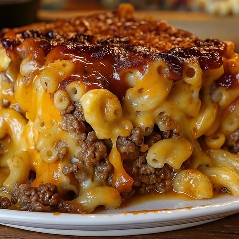 A delicious Mac and Cheese Meatloaf is served on a white plate.