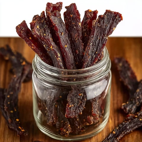A jar of homemade beef jerky in the air fryer, ready to be cooked.