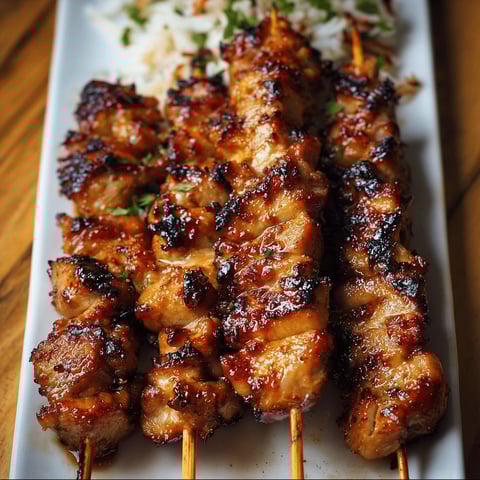 Grilled Thai Coconut Chicken Skewers with rice and vegetables.