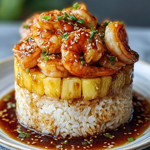 A delicious Teriyaki Shrimp and Pineapple Rice Stack is served on a plate.