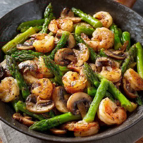 A delicious stir-fried dish of shrimp, asparagus, and mushrooms.