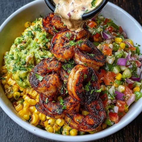 A delicious grilled shrimp bowl with avocado, corn salsa, and creamy sauce.