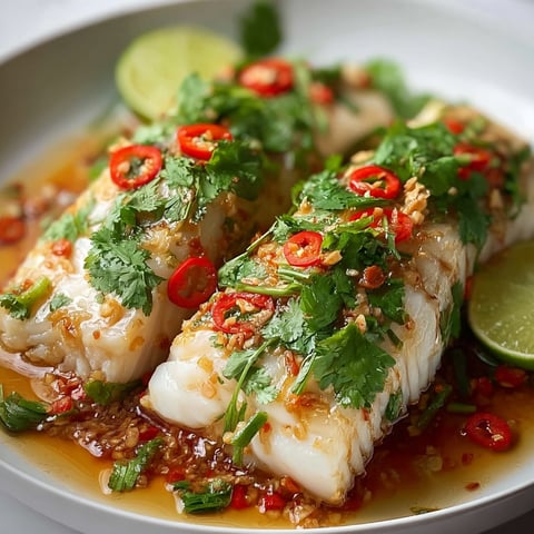 A plate of Thai Lime-Garlic Steamed Fish with a variety of toppings.