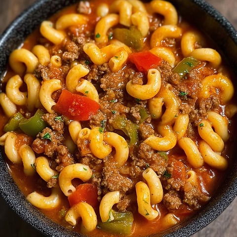 A bowl of Old-Fashioned Goulash filled with pasta, meat, and vegetables.