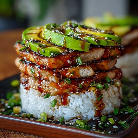A delicious Teriyaki Chicken Avocado Rice Stack is served on a plate.