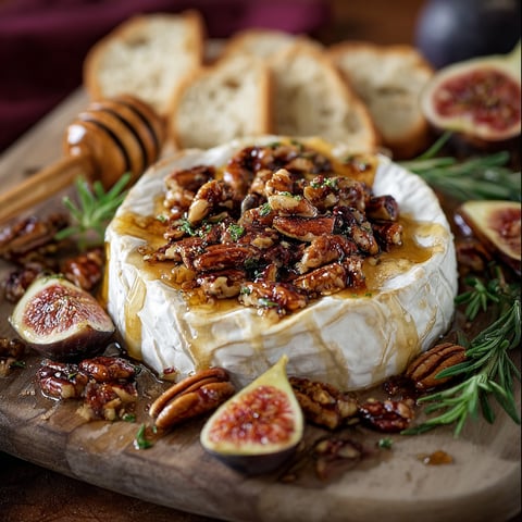 A delicious dessert made with figs, pecans, and honey, served on a wooden platter.