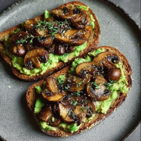 Two pieces of toast with mushrooms, garlic, and avocado on top.