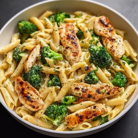 A bowl of Creamy Garlic Chicken and Penne, featuring chicken, broccoli, and pasta.
