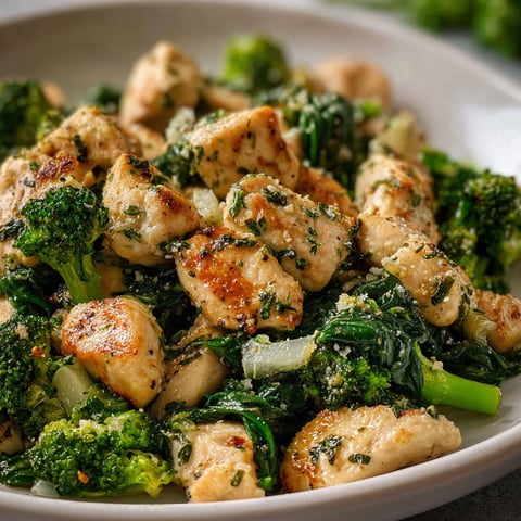 A plate of garlic chicken with broccoli and spinach.