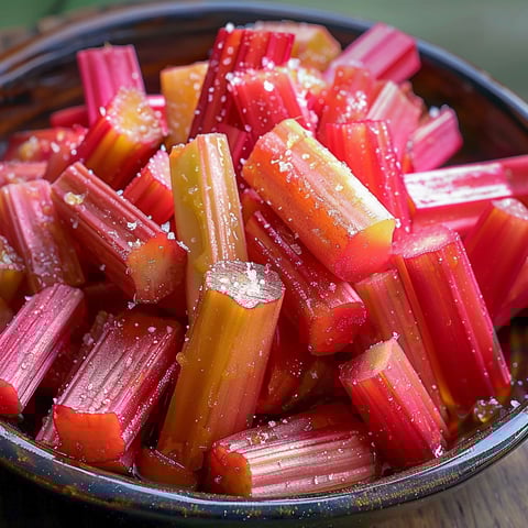 A bowl filled with sliced rhubarb, seasoned with sugar and salt, ready to be roasted.