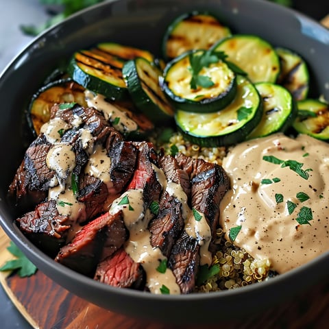 A bowl of grilled steak and zucchini with a creamy sauce.