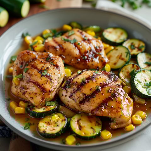 A plate of chicken with garlic butter, zucchini, and corn on the cob.