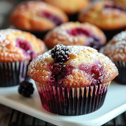 A plate with a cupcake topped with berries and powdered sugar.