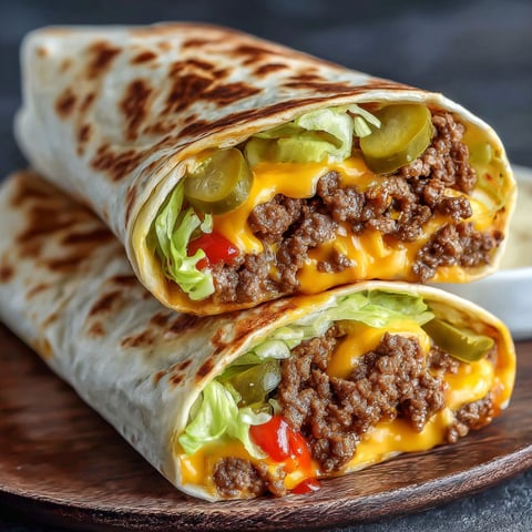 A delicious Air Fryer Cheeseburger Wrap is served on a wooden platter.