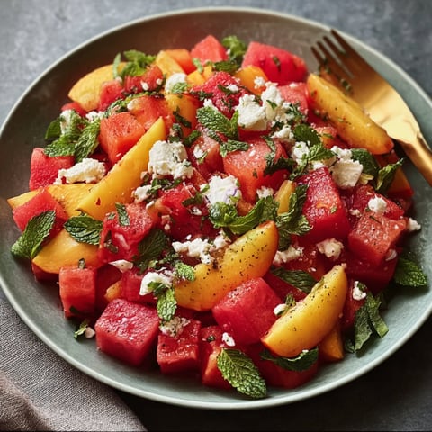 A green plate filled with a salad of watermelon, peaches, and mint.