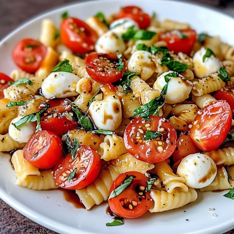 A Caprese Pasta Salad is served on a white plate.