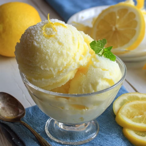 A bowl of lemon gelato with a spoon and a lemon wedge on the side.