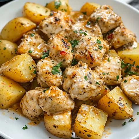 A plate of chicken and potatoes with a sauce, likely garlic parmesan, drizzled over them.