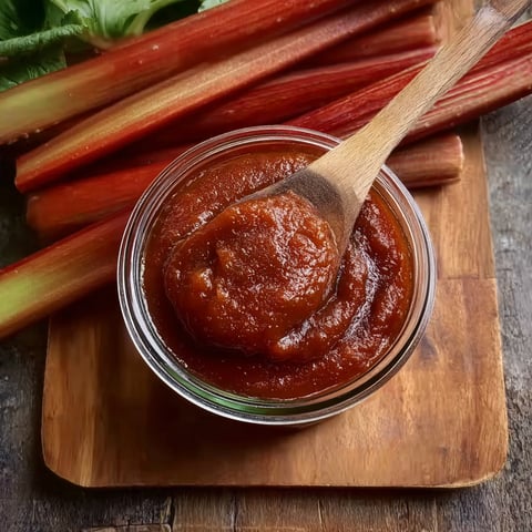 A jar of homemade rhubarb barbecue sauce is placed on a wooden cutting board.