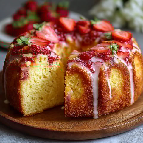 A slice of Fruit Pound Cake with Strawberries on a wooden platter.