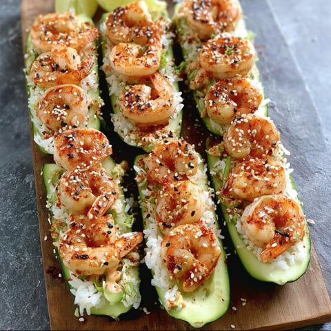 A wooden cutting board holds a delicious assortment of Spicy Shrimp Cucumber Sushi Boats.