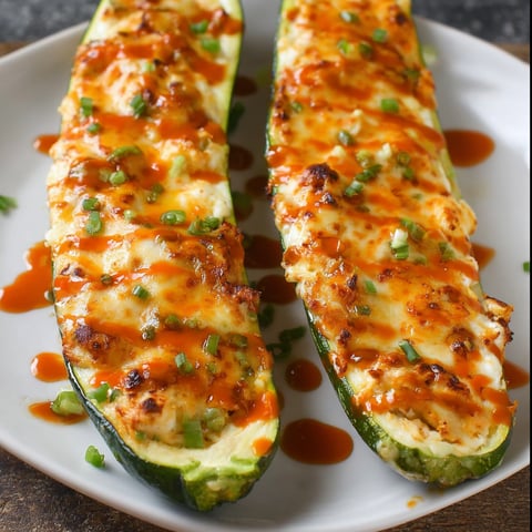 Two zucchini boats filled with cheese and buffalo sauce, ready to be eaten.