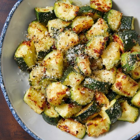 A bowl filled with air fryer zucchini and Parmesan cheese.