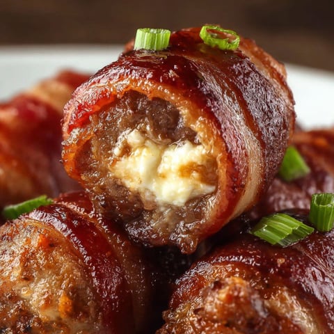 A close up of smoked bacon wrapped around a sausage, with cheese in the middle.