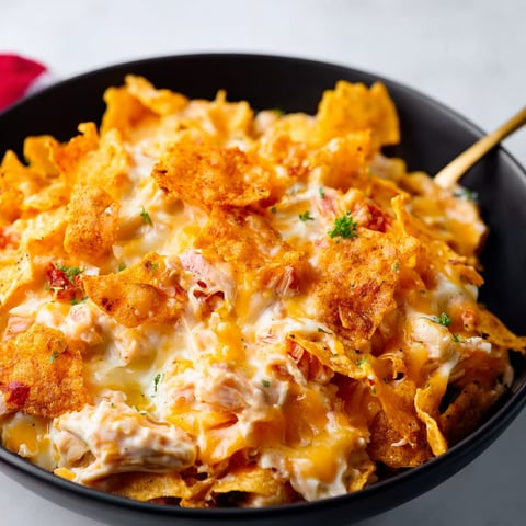 Doritos Cheesy Chicken Casserole piping hot in a bowl, ready to eat.